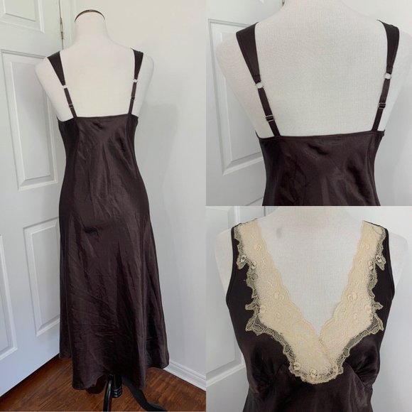 VTG Jones New York SM Brown Dressing Gown & Robe Long Maxi Satin Belted Lace - Picture 5 of 12